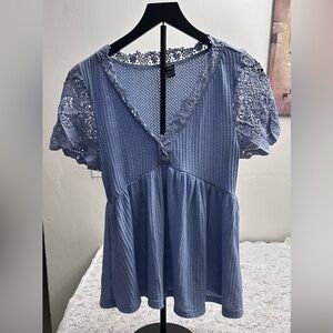SHEIN Light Blue Lace Sleeve Peplum Top Size L